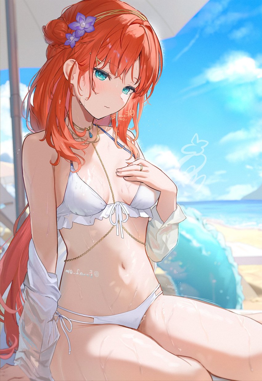 1girls 2024 2d 2d_(artwork) alternate_costume beach belly belly_button bikini bikini_bottom bikini_top clouds day female female_focus female_only flowers flowers_in_hair front_view fuwa2 genshin_impact high_resolution highres light-skinned_female light_skin long_hair looking_at_viewer navel nilou_(genshin_impact) ocean outdoors red_hair sand sitting sky slim_girl solo solo_female solo_focus summer swimsuit two_piece_swimsuit umbrella water wet wet_body white_bikini white_bikini_bottom white_bikini_top white_swimsuit young younger_female