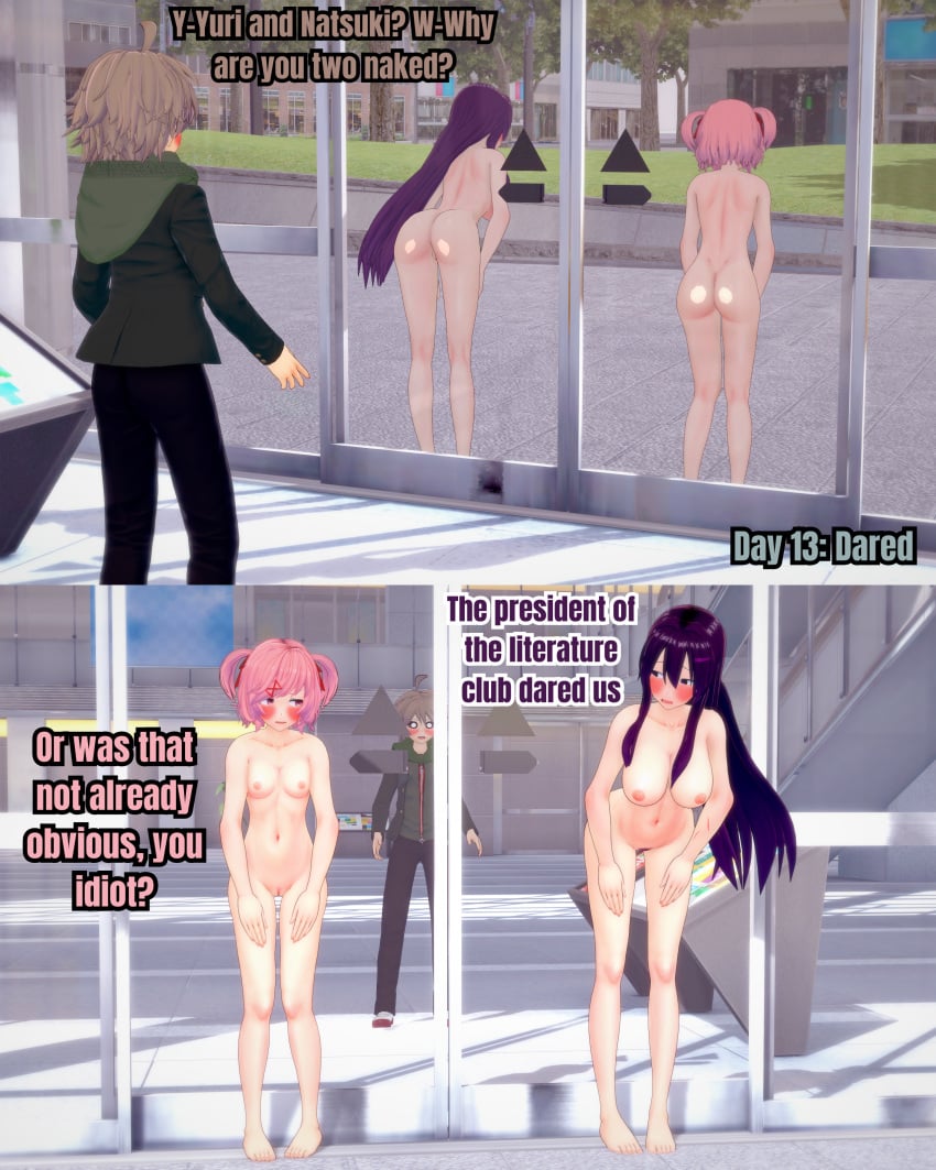 1boy 2girls ass ass_on_glass barefoot breasts clothed_male_nude_female completely_nude completely_nude_female crossover danganronpa danganronpa:_trigger_happy_havoc dare doki_doki_literature_club embarrassed embarrassed_nude_female enf english_text female human koikatsu long_hair male multiple_girls naegi_makoto naked natsuki_(doki_doki_literature_club) navel nipples nude nude_female pink_hair purple_hair pussy retropunch senftember senftember_(2024) short_hair text twintails yuri_(doki_doki_literature_club)