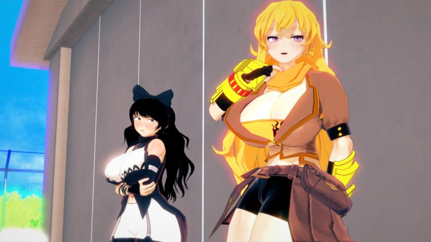 2girls big_breasts black_hair black_hair_female blake_belladonna blonde_female blonde_hair breasts canon_couple cleavage clothed_female hot purple_eyes rwby stormstriker sunny sweaty yang_xiao_long yellow_eyes