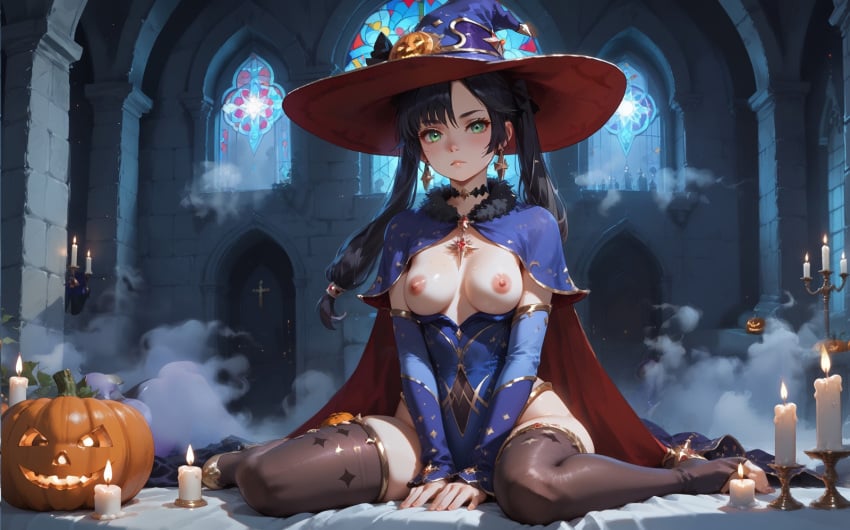 ai_generated akira_hentai altar black_choker black_gloves black_hair black_pantyhose bra breasts breasts_exposed candles capelet dark detached_sleeves female fur_collar genshin_impact gold_footwear halloween high_heels highleg_leotard long_hair long_sleeves magic mona_(genshin_impact) mysterious nipples pumpkins purple_leotard seductive shadows sitting stained_glass stone thighlet twintails