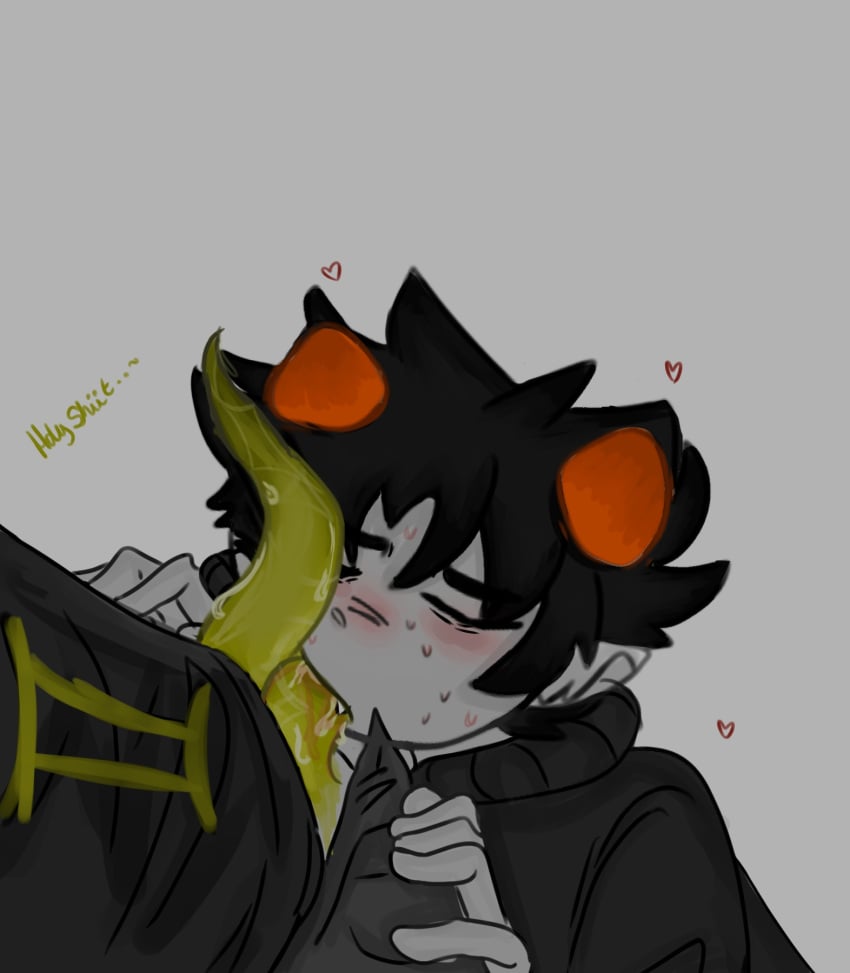 2boys alien_boy alien_dick alien_genitalia alien_only alien_penis blowjob bulge dialogue gray_skin grey_skin heart heart_symbol hearts homestuck homosexual horn horns karkat_vantas karkatfucks sollux_captor two_dicks_one_mouth yaoi