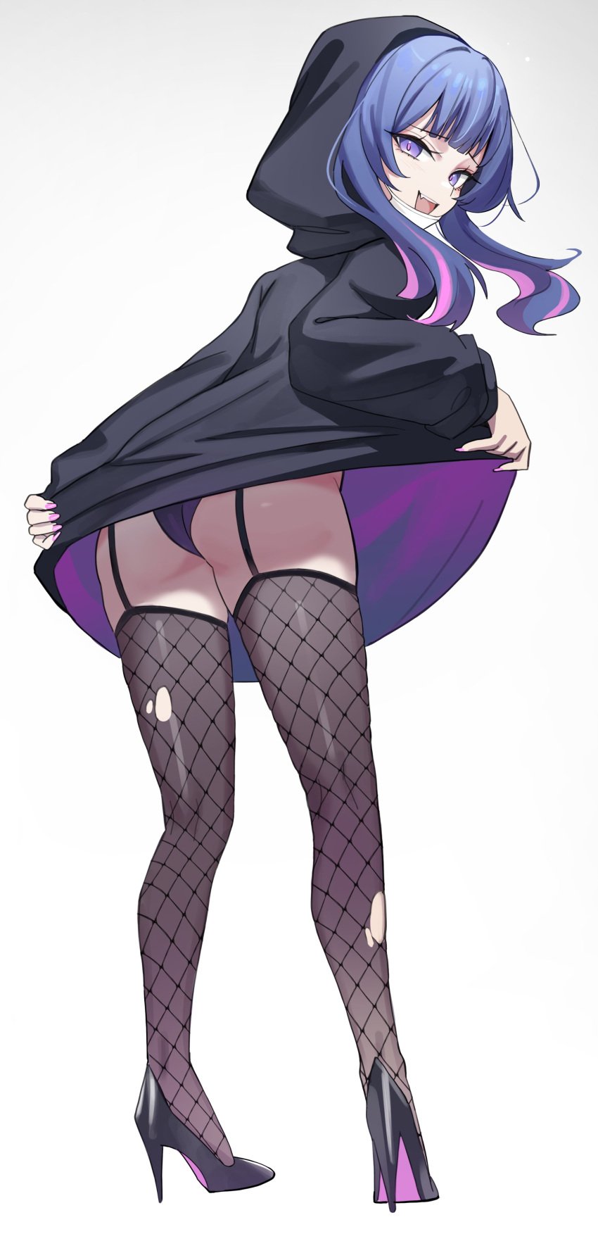 1girls ass ass_focus black_heels black_hoodie clothes_lift dark_blue_hair female female_only garter_straps garters hatsune_miku heels high_heels holes_in_clothes hood hoodie_only kiritzugu lifting_hoodie lifting_own_clothes lifting_shirt looking_at_viewer looking_back mask mouth_open multicolored_hair nail_polish oversized_clothes pink_nails purple_eyes purple_panties rabbit_hole_(deco*27/caststation) rabbit_hole_(vocaloid) ripped_stockings showing_off smile smug stockings teeth thighhighs thighs tongue torn_thighhighs