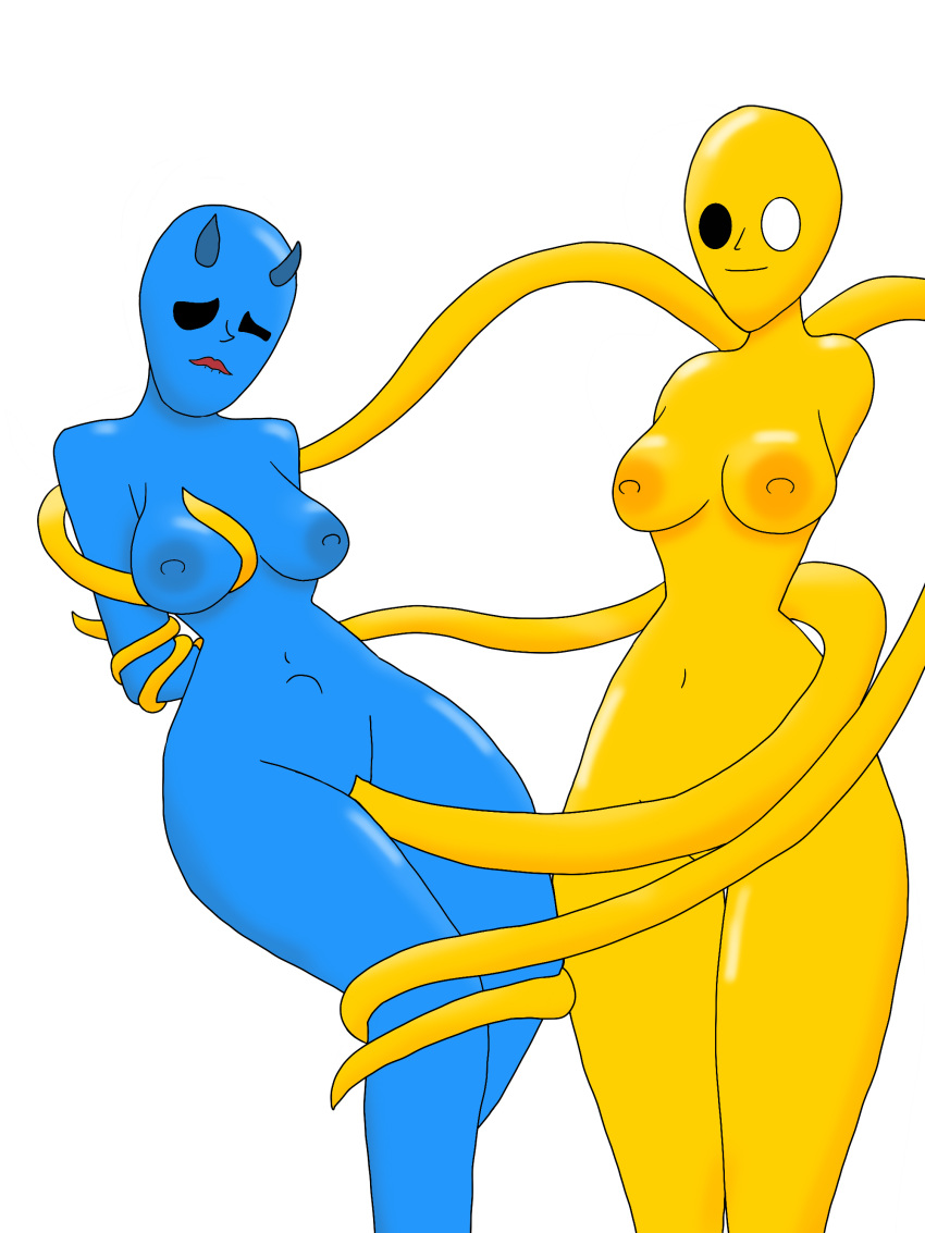 bailey_(oiledupdegenerate) blue_body breasts demon female gideon_(oiledupdegenerate) gold_body naked nude oiledupdegenerate pose shiny_skin slime tentacle thin_waist vaginal_penetration