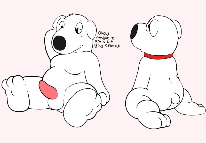 absurd_res ass balls blush brian_griffin butt_pose canid canine clothed clothing collar dialogue erection family_guy hi_res looking_at_viewer male male_only mammal moobs nude penis sitting slightly_chubby solo squint sushibroadcast