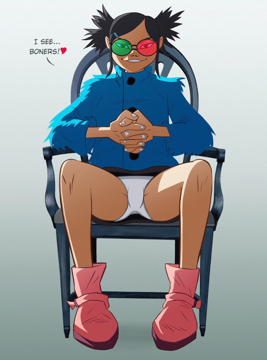 dagnibor english_text eyewear female footwear gorillaz highres human miniskirt noodle_(gorillaz) noodle_(saturnz_barz) outerwear pale_skin panties skirt spread_legs thefetishism underwear upskirt white_panties