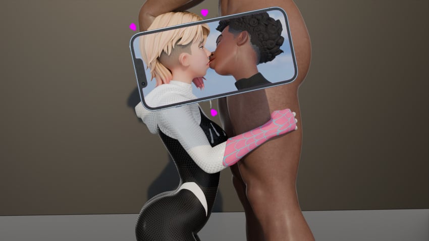 1boy 1girls 3d blowjob dark-skinned_male dark_skin fellatio female fully_clothed gwen_stacy gwen_stacy_(spider-verse) implied_oral interracial light-skinned_female male marvel marvel_comics miles_morales netorare ntr oral phone sokein spider-gwen spider-man spider-man:_into_the_spider-verse spider-man_(series)