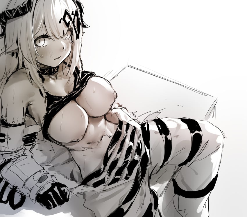 arknights breasts_out female female_only hi_res horns monochrome mudrock_(arknights) ray_(pixiv9514208) sketch sports_bra