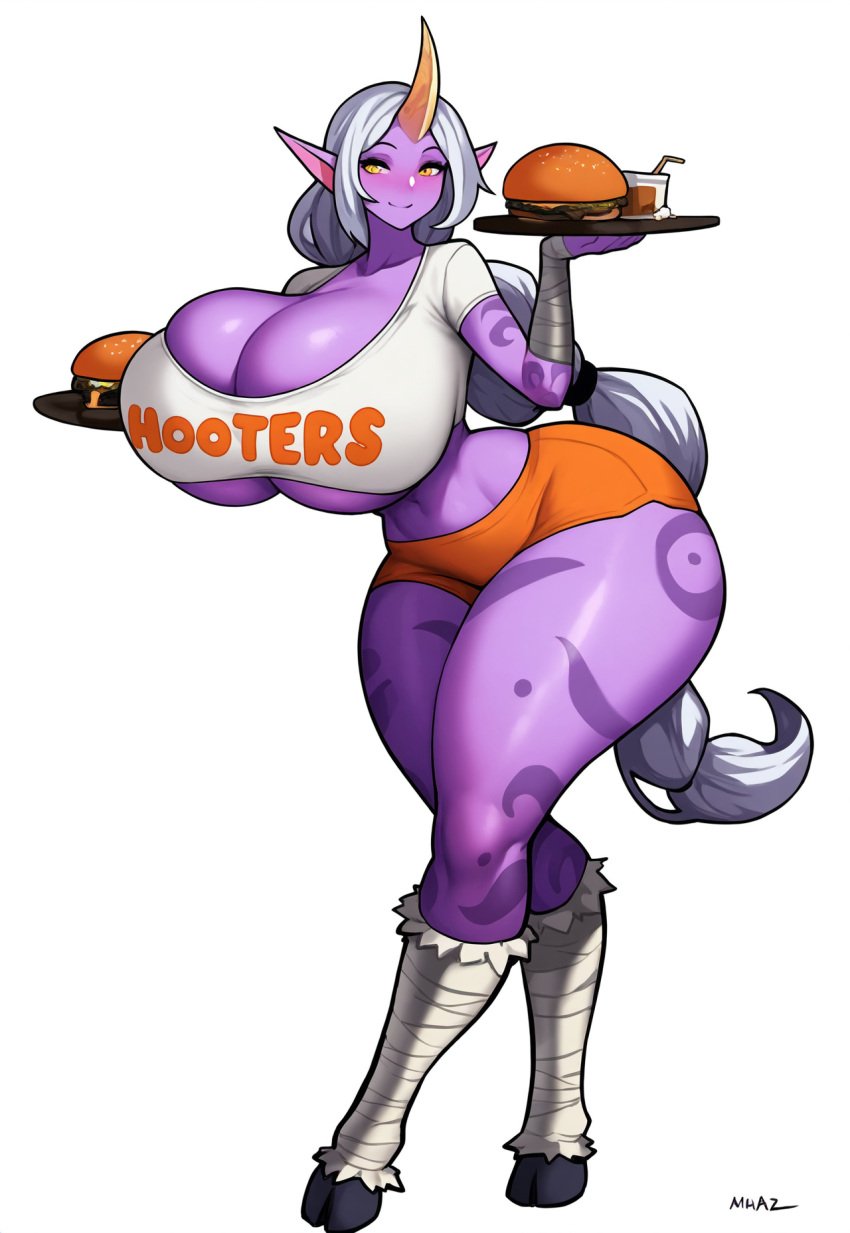 1girls ai_generated alcohol alternate_breast_size big_ass big_breasts big_butt breasts burger caprine cleavage curvy curvy_figure drink food goat_girl hamburger holding_food hooters hooters_uniform hooves huge_ass huge_breasts large_breasts league_of_legends nai_diffusion orange_shorts ponytail purple_body riot_games solo solo_female soraka stable_diffusion t-shirt tattoos thick_thighs tray underboob white_background white_shirt wide_hips yellow_eyes