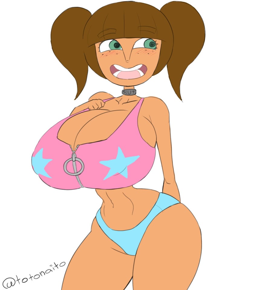 bimbo braces brown_hair cheating_girlfriend_(totonaito) freckles freckles_on_face green_eyes huge_breasts panties tiny_waist totonaito twintails useless_clothing wide_hips zipper zipper_pull_tab