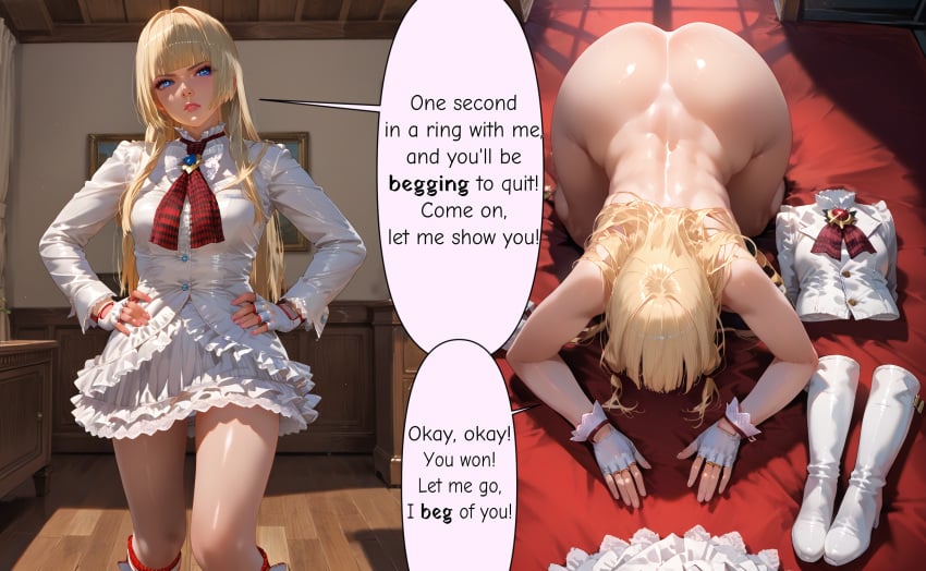 1girls ai_generated big_ass blonde_hair blue_eyes disgusted dogeza dress emilie_de_rochefort female female_focus female_only gloves high_resolution instant_loss_2koma looking_at_viewer looking_down pokipie tekken white_clothing white_dress