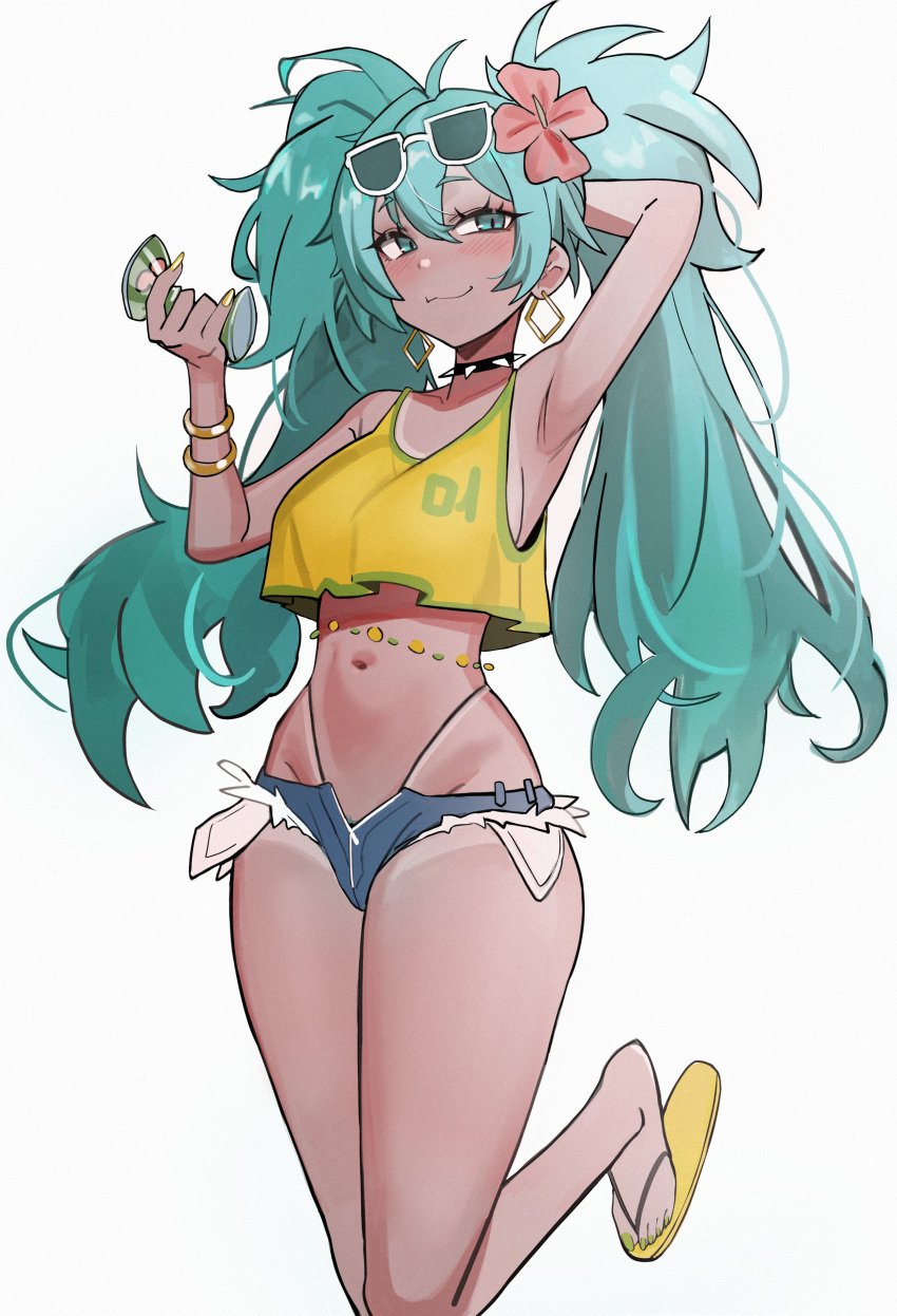 armpit brazil brazilian brazilian_female brazilian_miku crop_top hatsune_miku kiritzugu looking_at_viewer sandals shorts small_waist smile tan_body tan_skin tanline thighs vocaloid