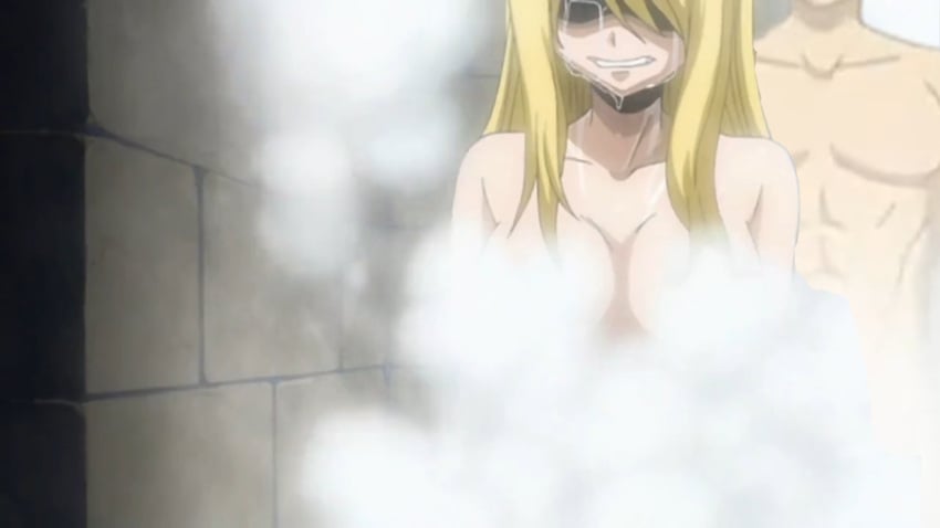 bath bathing big_breasts blonde_hair breasts crying duo fairy_tail female imminent_penetration imminent_sex long_hair lucy_heartfilia male male/female muscular muscular_male naked naked_female naked_male natsu_dragneel nude nude_female nude_male nudity shower steam