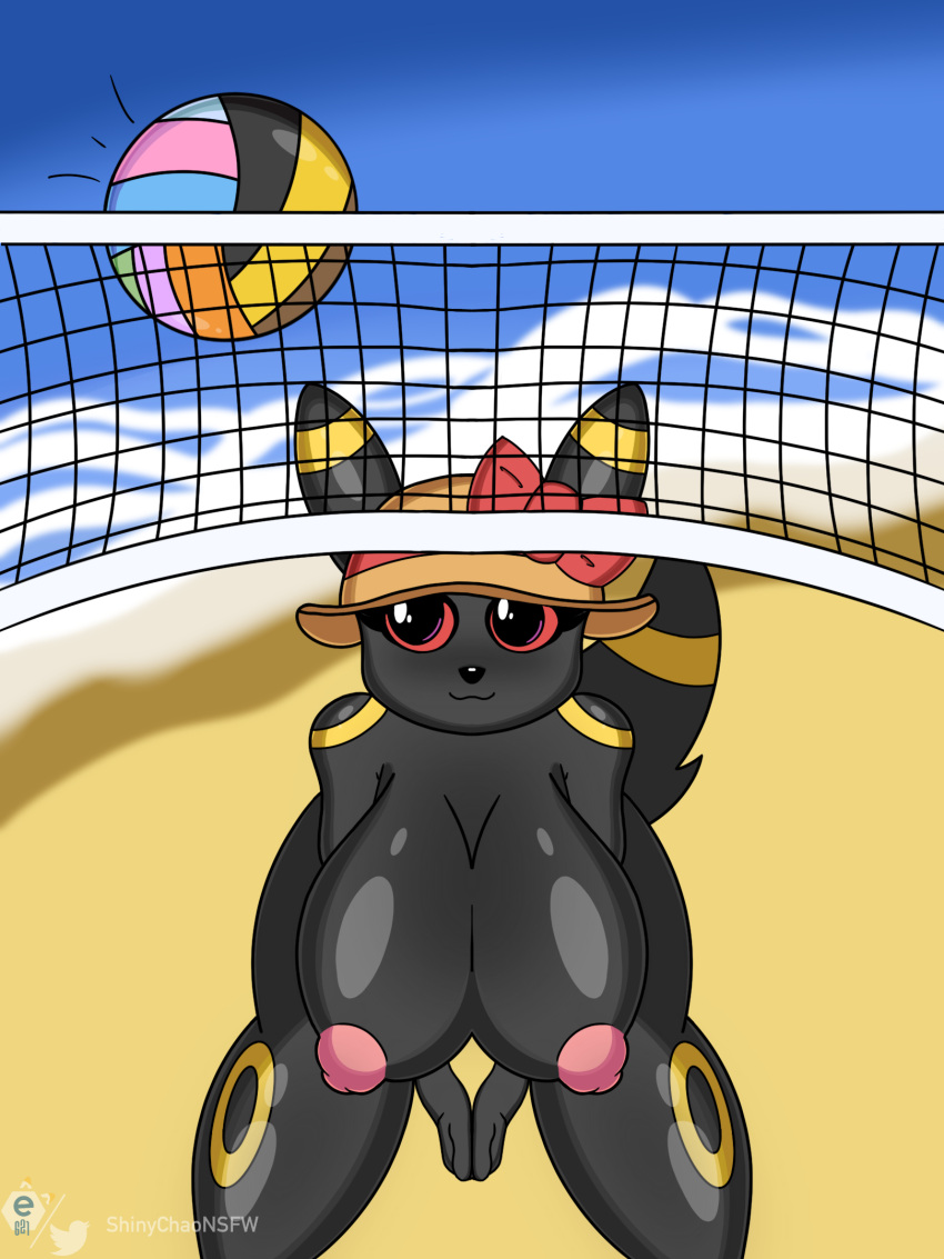 anthro areola beach bent_over big_breasts black_body black_fur bow breasts clothing eeveelution female fur generation_2_pokemon hat headgear headwear hi_res nintendo nipples outside pink_areola pink_nipples pokemon pokemon_(species) public public_nudity ribbon shinychaonsfw solo sport thick_thighs umbreon volleyball water watermark yellow_body yellow_fur