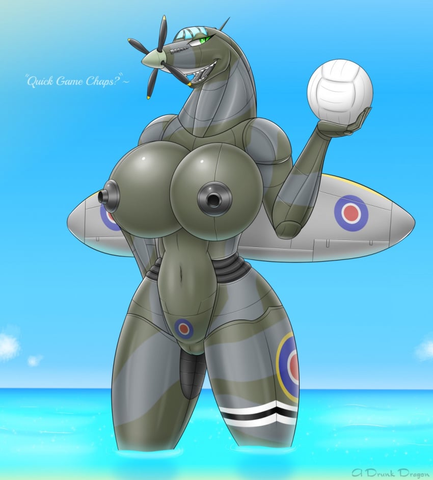 1girls 2019 a_drunk_dragon aeromorph aircraft anthro areola ball beach beach_ball big_breasts breasts dialogue english_text female female_only furry furry_only green_eyes huge_breasts living_aircraft living_machine machine nipples nude original pinup pose pussy royal_air_force sea seaside serenity_churchill slit_pupils solo supermarine_spitfire text thick_thighs voluptuous water wide_hips