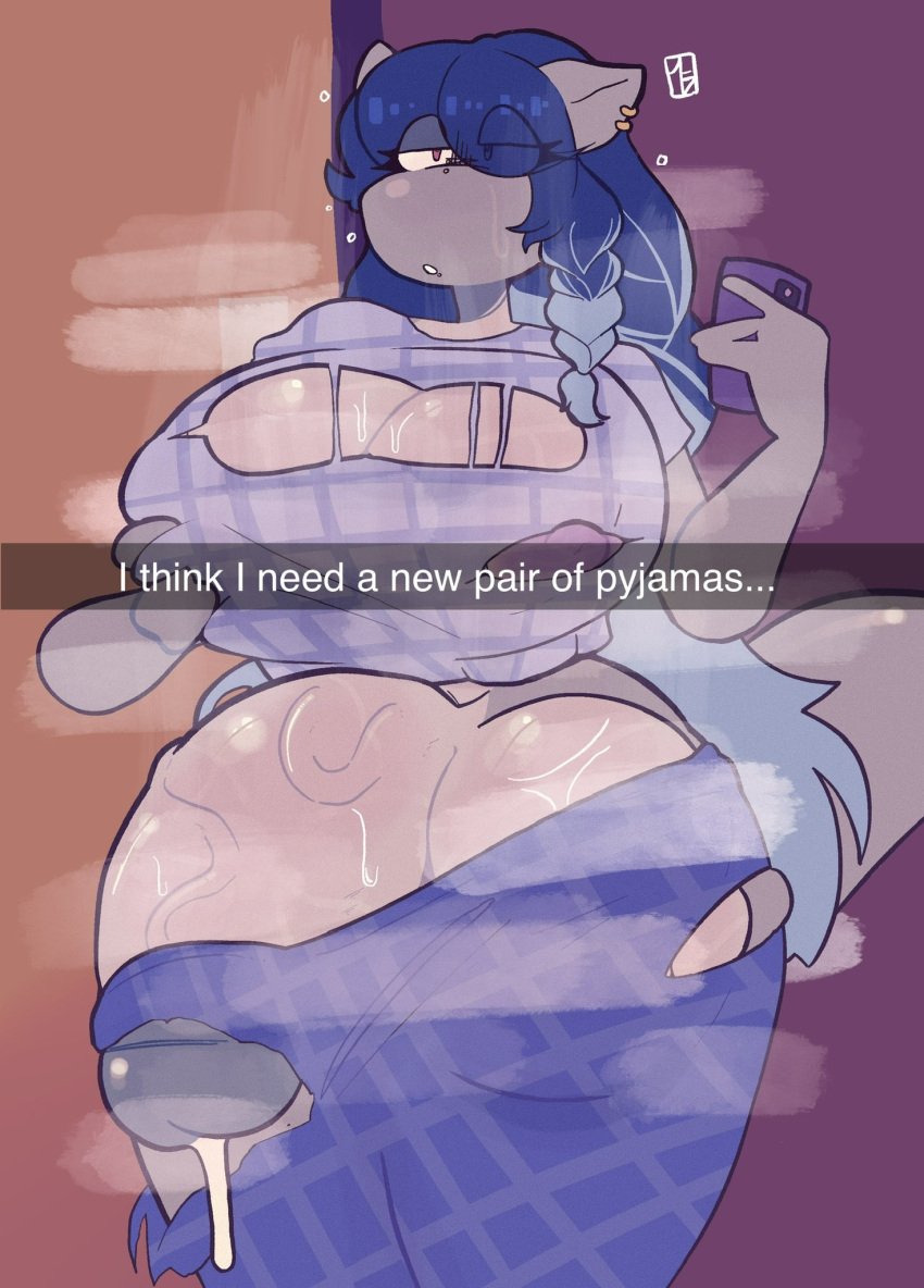 1futa 2024 accidental_exposure balls blue_hair breasts clothed clothing cum_drip cyclops dialogue english_text erection futa_only futanari huge_balls huge_breasts huge_cock humanoid humanoid_penis mostly_clothed original_character penis pyjamas ripped_clothing selfie skullfvckerz solo standing text