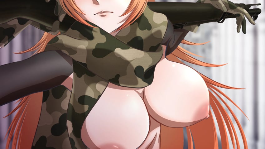 1girls areolae big_breasts breast_focus breasts breasts_out clothing cz2128_delta female female_only gun huge_breasts im_does long_hair mostly_nude orange_hair overlord_(maruyama) robot robot_girl scarf solo solo_female tagme topless voluptuous voluptuous_female weapon