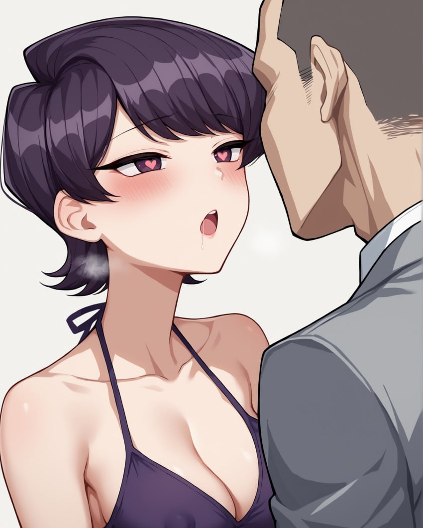 1boy 1boy1girl 1girls after_kiss ai_generated bare_arms bare_shoulders blush breasts cheating cheating_wife cleavage collarbone dazed dress faceless_male female heart-shaped_pupils komi-san_wa_komyushou_desu komi_shuuko looking_at_another mature_female milf netorare notreallyhere open_mouth over-the-shoulder_shot purple_dress purple_eyes purple_hair saliva shaved_head short_hair simple_background suit swept_bangs unseen_male_face