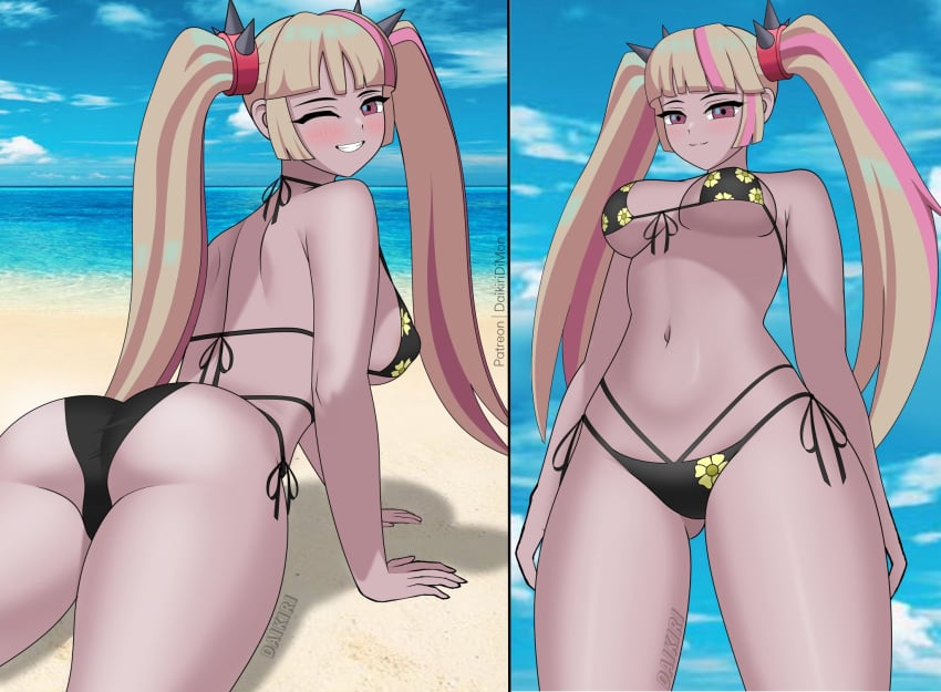 1girls ass beach beach_background belly bikini blonde_hair breasts daikiri_di_mon fortnite fortnite:_battle_royale gyaru kitagawa_marin_(cosplay) lennox_rose_(fortnite) looking_at_viewer low-angle_view lying lying_down multicolored_hair multiple_views patreon_username pink_hair smiling thick_thighs twintails wink