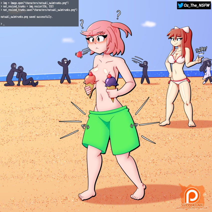 2girls assisted_exposure background_characters beach blush censored convenient_censoring doki_doki_literature_club embarrassed embarrassed_nude_female enf exposed_breasts female female_focus forced_exposure humiliation lost_bet monika_(doki_doki_literature_club) multiple_girls natsuki_(doki_doki_literature_club) oz_the_freak pink_hair public public_humiliation topless wardrobe_malfunction