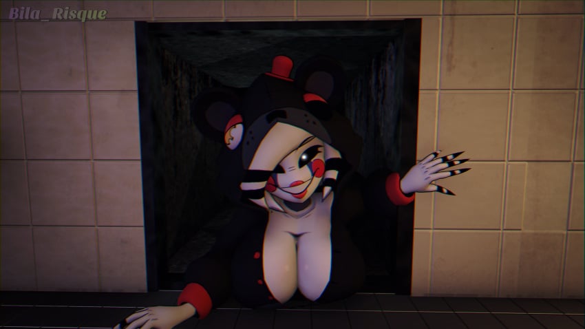 1girl 3d 3d_model 3d_render 4k 4k_resolution bila_risque breast_squeeze breasts chest chromatic_aberration crawling female five_nights_at_freddy's five_nights_at_freddy's_3 fnaf fredina's_nightclub grin hips large_breasts long_nails looking_at_viewer looking_pleasured marie_(cryptia) office onesie onesie_open pov_male puppet_(cally3d) puppet_(fnaf) scottgames sfm smiling_at_viewer solo_female tattoo thick_thighs vent vignette voluptuous_female white_skin wide_hips