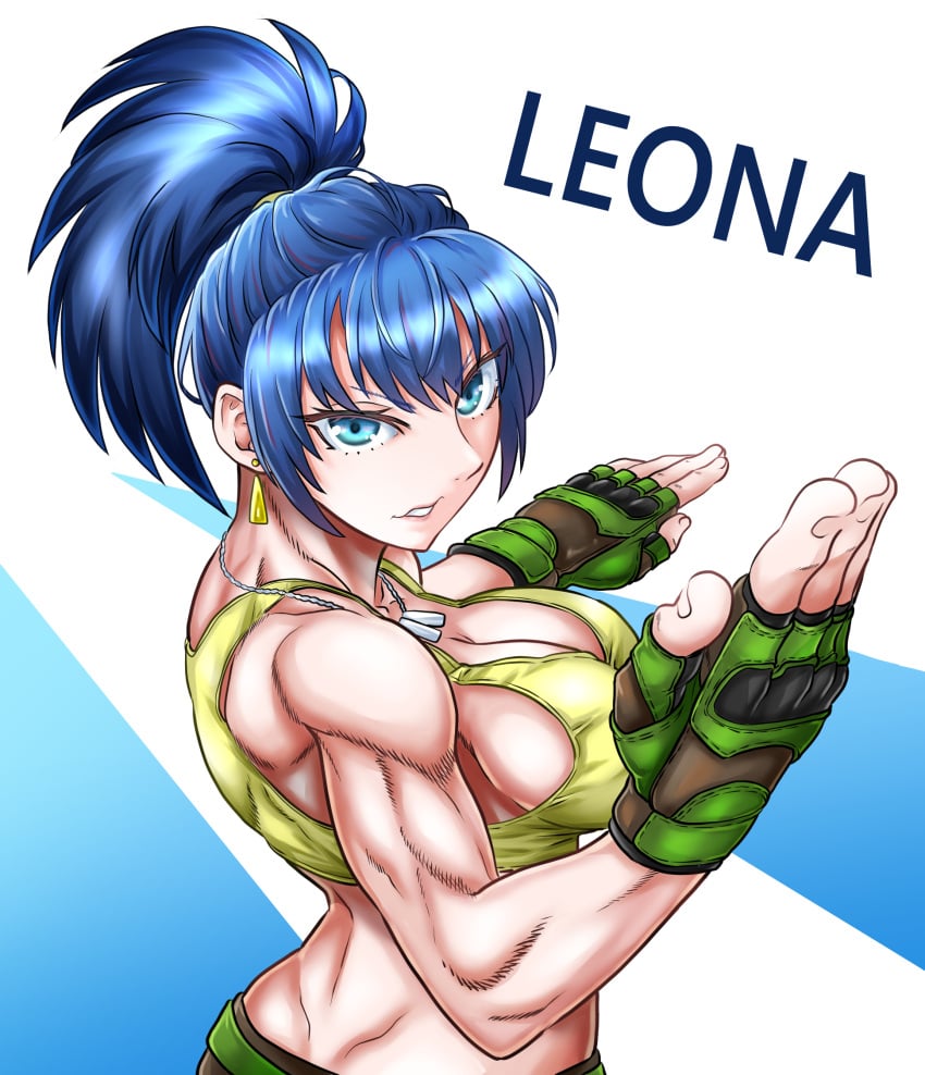 1girls ass big_breasts big_breasts big_butt blue_eyes blue_hair breasts breasts butt_crack clothed earrings female female_focus firm_breasts from_behind gloves hand_gesture king_of_fighters leona_heidern light-skinned_female light_skin long_hair looking_at_viewer looking_back military military_clothing muscular necklace pov smile tank_top tied_hair yellow_tank_top