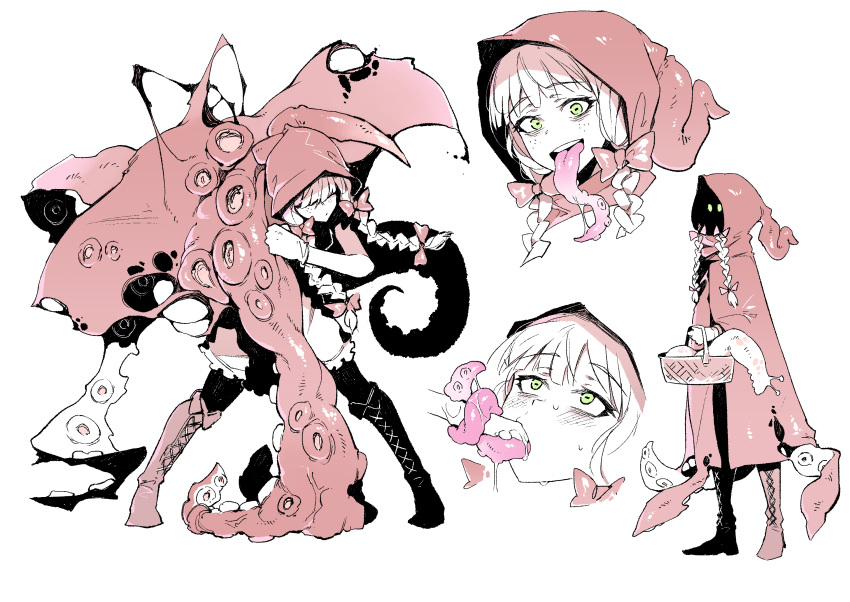 basket boots braid cloak fellatio female freckles glowing glowing_eyes green_eyes hair_over_eyes highres hood karasu_raven little_red_riding_hood long_tongue monster_girl oc open_mouth oral original partially_colored suction_cups tentacle tentacle_tongue thigh_boots thighhighs tongue tongue_out