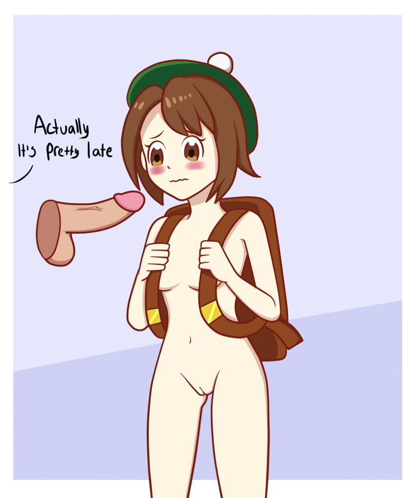 1girls backpack bad_censor bag blush breasts brown_eyes brown_hair censored covered_nipples covering disembodied_penis female gloria_(pokemon) hat hesyph_(artist) highres human human_only nintendo nude penis pokemon pokemon_ss pussy short_hair tam_o'_shanter text text_focus