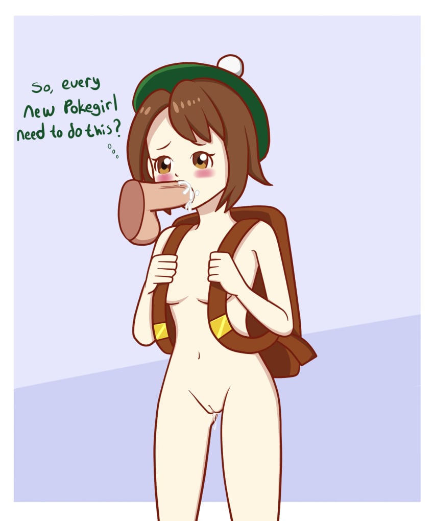 1girls backpack bad_censor bag balls breasts brown_eyes brown_hair censored covered_nipples covering cum disembodied_penis fellatio female gloria_(pokemon) hat hesyph_(artist) highres human human_only nintendo nude oral penis pokemon pokemon_ss pussy short_hair tam_o'_shanter text text_focus