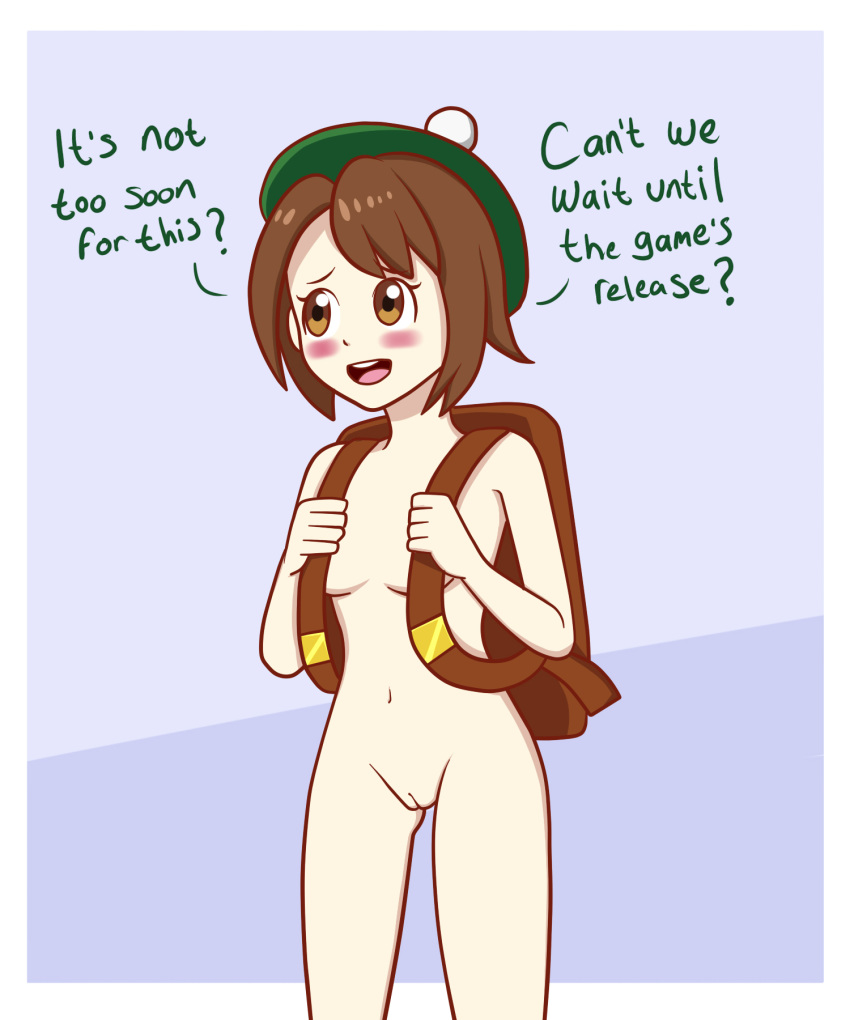 backpack bad_censor bag brown_hair censored covered_nipples covering gloria_(pokemon) hat hesyph_(artist) human human_only mostly_nude nintendo pokemon pokemon_ss tam_o'_shanter