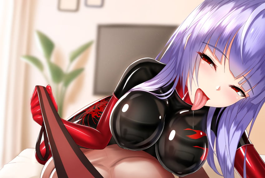 1boy asagami_fujino bodysuit clothed_female_nude_male cowgirl_position damao_yu day erect_nipples erection eyebrows_visible_through_hair fate_(series) female gimp_suit highres indoors kara_no_kyoukai latex_bodysuit leash licking_lips lotion naughty_face nude penis plant potted_plant purple_hair red_eyes shiny skin_tight television tongue tongue_out type-moon