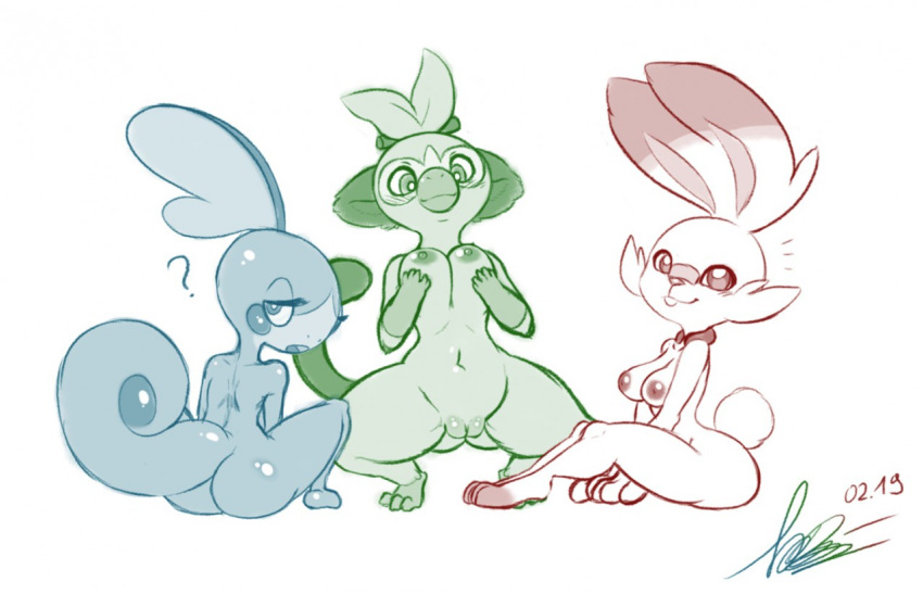 2019 3girls anthro anthrofied areola ass back bantar2 blush breasts butt_from_front female fur furry grookey group lagomorph leaf looking_at_viewer mammal nintendo nipples open_mouth partially_colored pokémon_(species) pokemon pokemon_ss pokemorph primate reptile restricted_palette scalie scorbunny simple_background sketch smile sobble squatting text thick_thighs video_games watermark wide_hips