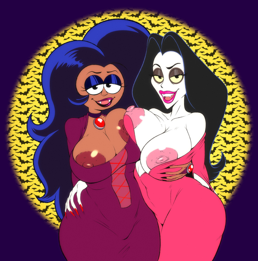 2girls areolae bedroom_eyes bimbo black_eyeshadow black_hair black_nails blue_eyeshadow blue_hair breast_grab breasts brown_nipples choker covered_navel curvy dark-skinned_female dark_skin dress eyeshadow fangs goodbadartist hand_on_another's_hip huge_breasts lipstick looking_at_viewer makeup maxine_schreck milf multiple_girls nail_polish nipple_slip nipples off_shoulder ok_k.o.!_let's_be_heroes open_mouth pale_skin pink_lipstick pink_nipples purple_lipstick red_nails school_for_vampires smile vampire white_skin wide_hips wilhamena