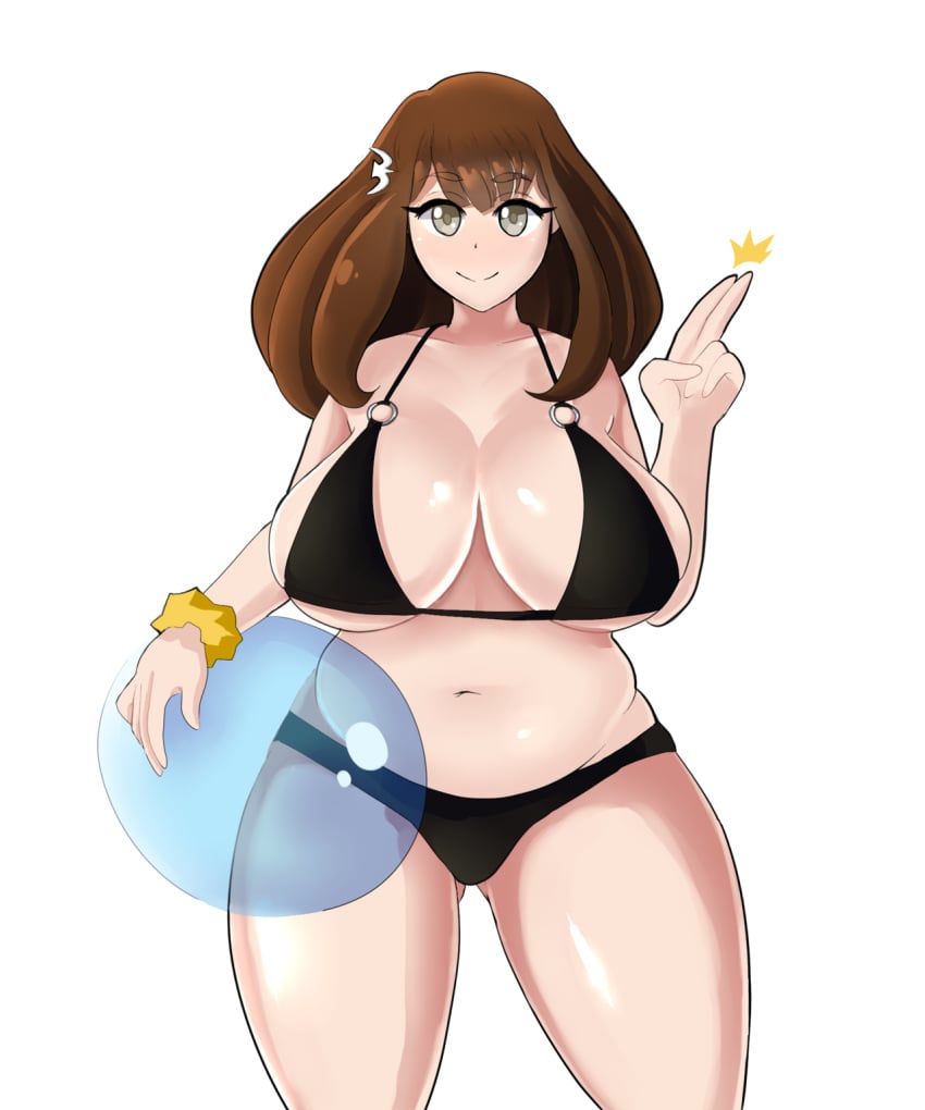 1girls 2010s ball bangs beach_ball big_breasts bikini black_bikini black_swimsuit breasts brown_hair busty chubby chubby_female cleavage clothing curvy eyebrows_visible_through_hair eyelashes female female_only fully_clothed gatchaman gatchaman_crowds hair_pin hairpin highres holding_ball huge_breasts human ichinose_hajime large_breasts light-skinned_female light_skin long_hair looking_at_viewer navel sexually_suggestive smile smiling solo standing swimsuit thick_thighs voluptuous white_background wide_hips xiceowl