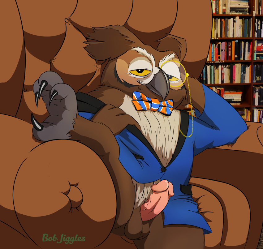 absurd_res anthro avian balls beak bird bob-jiggles bow_tie chair clothing eyewear feathers feet hi_res male male_only mascot monocle nigel_(xyzal) owl penis smile solo xyzal