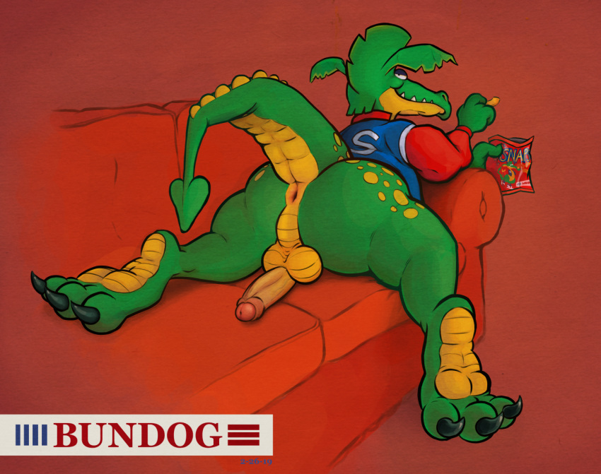 anus ass balls bottomless bundog clothed clothing crocodile crocodilian dragon humanoid_penis invalid_tag looking_back male male_only mascot penis raised_tail reptile scalie snaps sofa thick_thighs toony