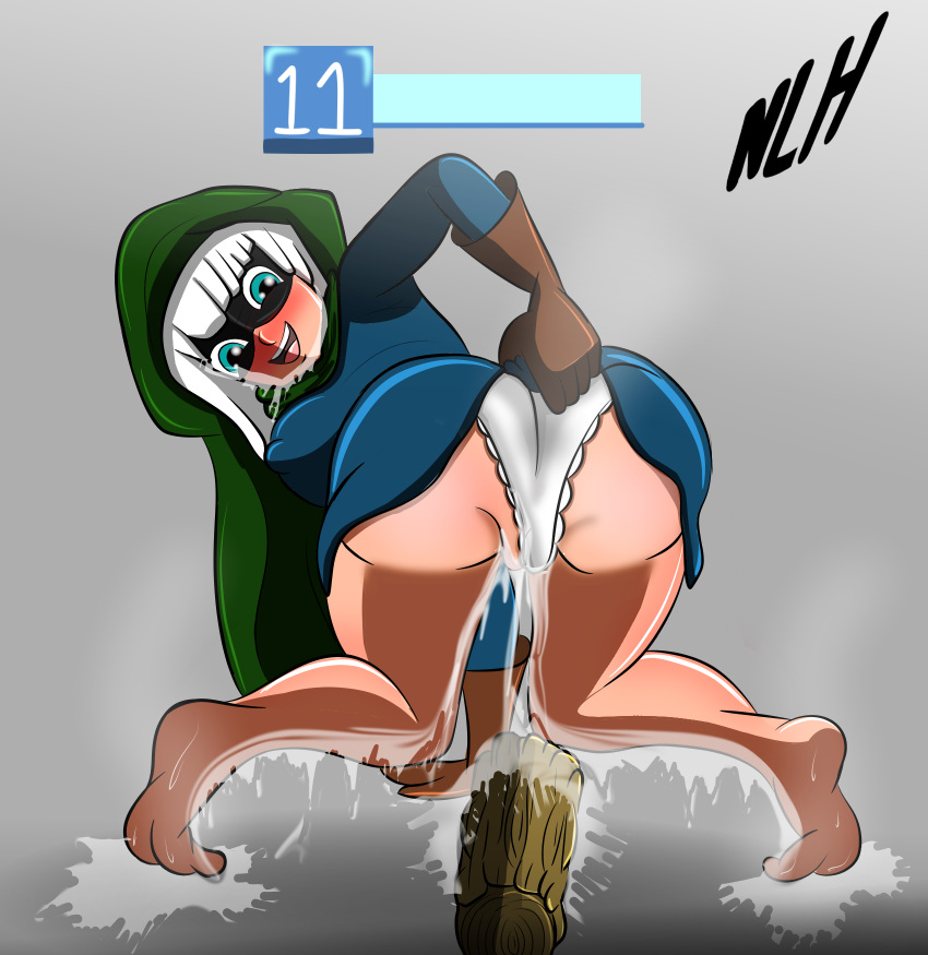 ass bandit bandit_(clash_royale) blue_eyes blush blushing clash_(series) clash_royale clothing feet gloves looking_at_viewer mask masked masked_female nlh panties pussy pussy_juice pussy_juice_drip pussy_slip skirt_lift soles squirt upskirt white_hair white_panties