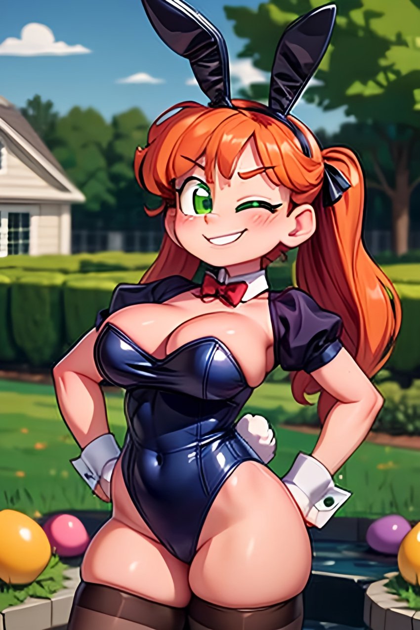 aged_up ai_generated alternate_universe backyard bangs belly_button big_breasts black_stockings blush bunny_ears bunny_tail bunnysuit busty collar confident curvy easter easter_eggs eggs elizabeth_afton female five_nights_at_freddy's five_nights_at_freddy's:_sister_location ginger ginger_hair green_eyes green_eyes_female hands_on_hips human mansion navel orange_hair pixai red_bowtie rich_girl sister_location skin_tight smile smirk smug tail twintails wink winking_at_viewer wrist_cuffs