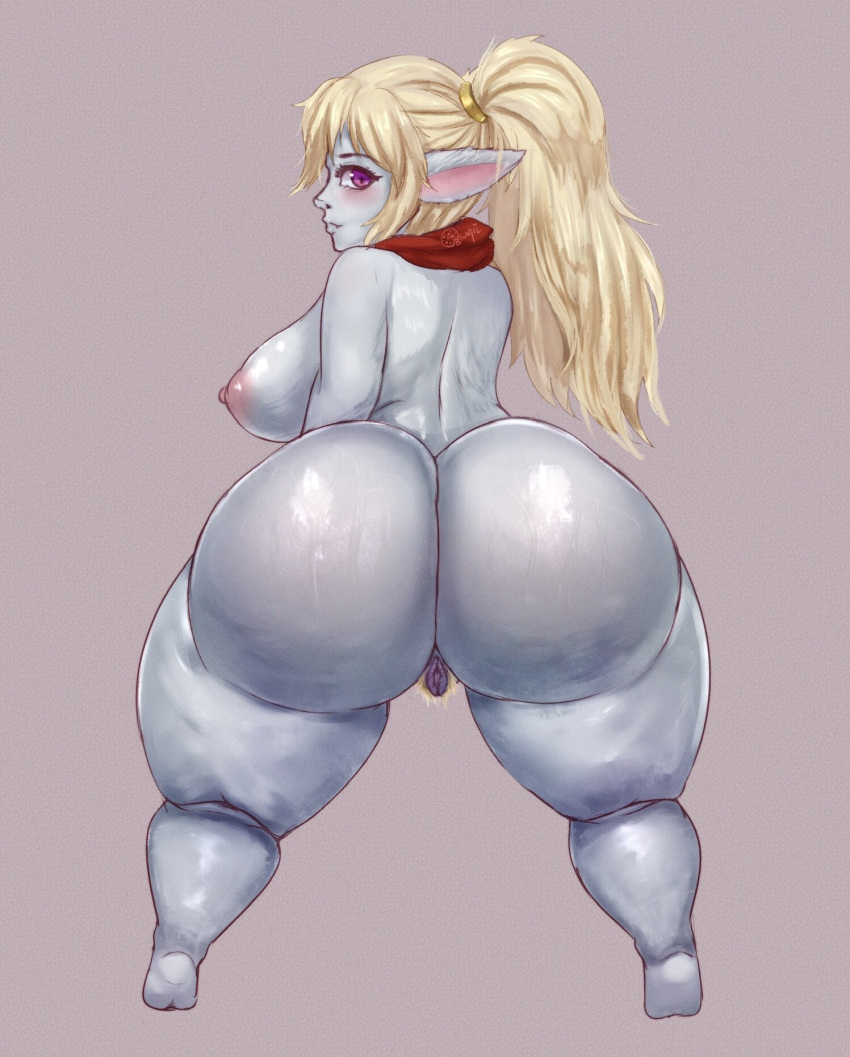 areola ass big_breasts big_butt blonde_hair blonde_pubes blue_body blue_fur blush bodily_fluids bottom_heavy breasts eyelashes female fur genitals hair hi_res huge_ass huge_butt humanoid humanoid_pointy_ears league_of_legends looking_at_viewer looking_back looking_back_at_viewer nipples nude pink_areola pink_nipples poppy pubes purple_eyes pussy quqii rear_view red_scarf riot_games scarf short_stack smile solo sweat sweatdrop tencent thick_thighs twintails twintails_(hairstyle) wide_hips yordle