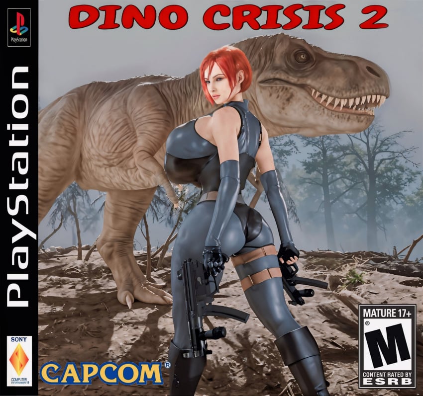 3d ai_assisted big_ass big_breasts big_butt breasts capcom clothed digital_media_(artwork) dino_crisis dinosaur female forest gun large_breasts latex playstation red_hair regina_(dino_crisis) video_game