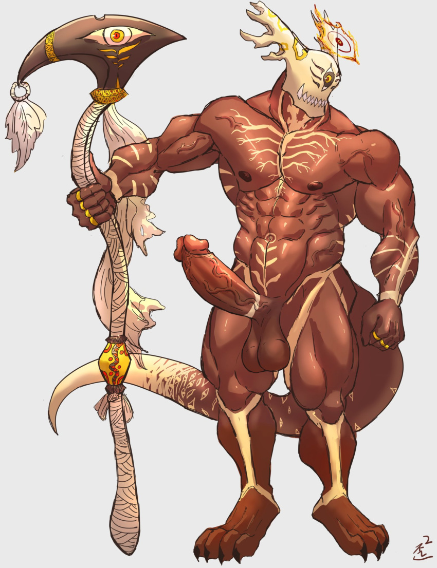 1_eye abs amoyy0118 balls bone demon digital_drawing_(artwork) digital_media_(artwork) erection genitals glans hi_res horn male melee_weapon muscular muscular_male nipples penis polearm red_body ring scythe skull skull_head solo standing tail teeth weapon