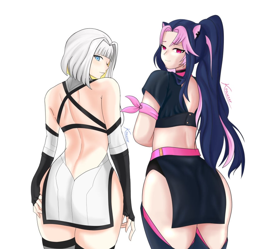 2d 2d_(artwork) 2girls alternate_hairstyle animal_ears ass back_view blue_hair catgirl dress ear_piercing eru_nabura female female_focus grabbing_own_ass grey_eyes high_resolution highres hourglass_figure indie_virtual_youtuber krauserwolf latam_virtual_youtuber light-skinned_female light_skin long_hair looking_at_viewer looking_back miniskirt panther_girl pink_eyes pink_hair ponytail short_hair shura_hiwa simple_background smiling smiling_at_viewer solo solo_female standing suggestive suggestive_look thighhighs thighs thighs_bigger_than_head thighs_bigger_than_torso two_tone_hair virtual_youtuber vjin vtuber vtuberfanart white_background white_hair yellow_hair younger_female