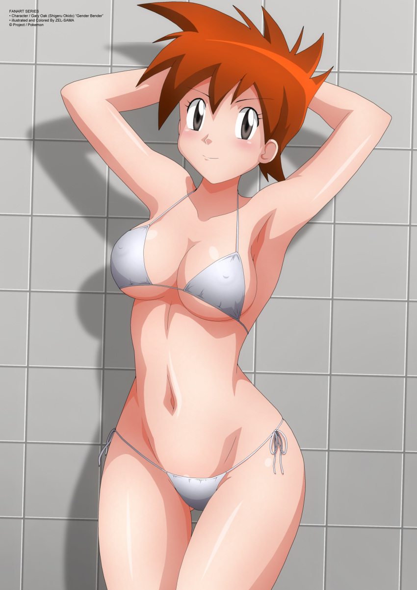 arms_above_head bikini breasts gary_oak gray_eyes grey_eyes nipples_visible_through_bikini pinup_pose pokemon red_hair rule_63 smile tagme tile_wall underboob zel-sama