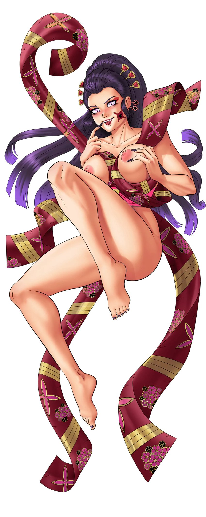 artist_request breasts curvy curvy_female curvy_figure daki_(kimetsu_no_yaiba) demon_slayer female female_only hentai_heroes hentai_heroes_character kimetsu_no_yaiba kimono large_breasts nipples oiran purple_eyes purple_hair wide_hips yume_(hentai_heroes)