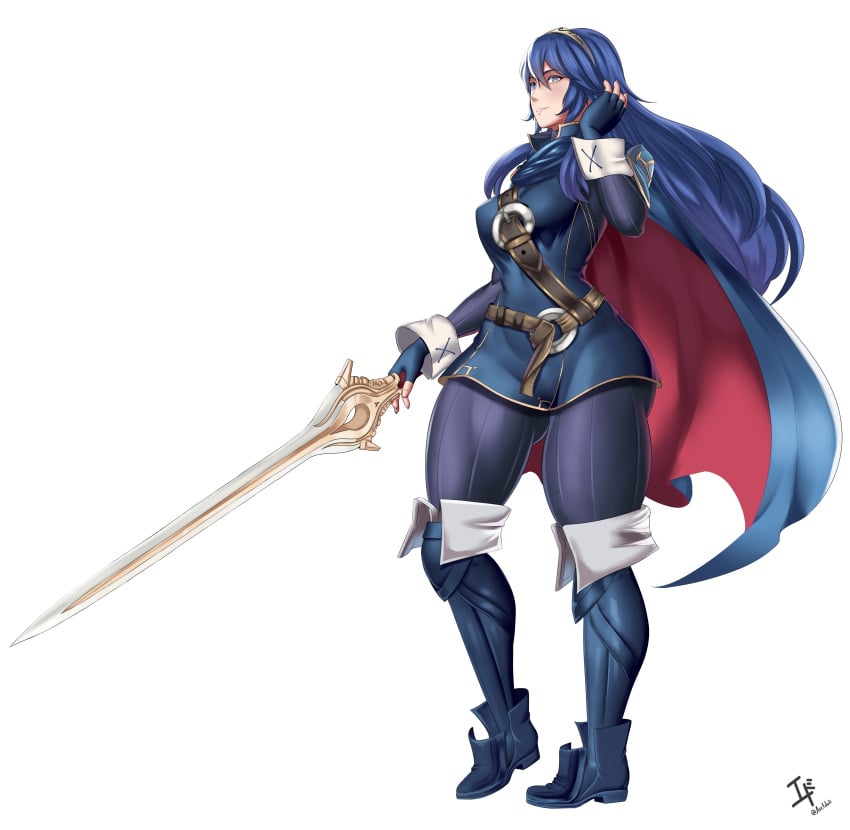 1girls arcedo blue_eyes blue_hair boots breasts cape falchion_(fire_emblem) female female_only fingerless_gloves fire_emblem fire_emblem_awakening full_body gloves grin large_breasts long_hair lucina_(fire_emblem) nintendo smile solo sword symbol-shaped_pupils thick_thighs thighs tiara weapon white_background