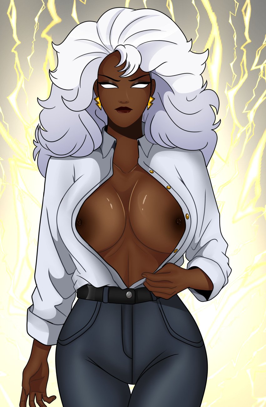 gray_hair marvel marvel_comics nipples ororo_munroe sonson-sensei storm_(x-men) teasing unbuttoned x-men