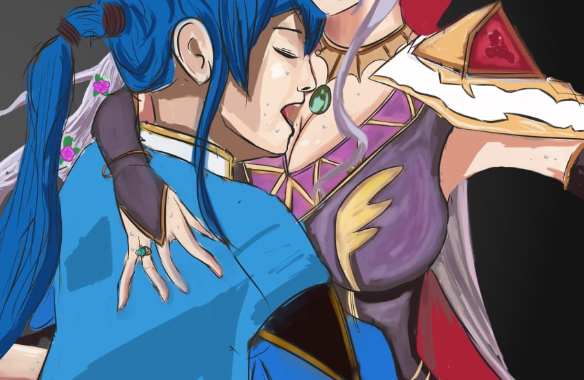 1boy 1girls accessory armpits blue_hair breasts bridal_gauntlets cape cleavage closed_eyes female fire_emblem fire_emblem:_genealogy_of_the_holy_war flower grey_hair grid_(artist) hair_flower implied_sex ishtar_(fire_emblem) large_breasts long_hair male necklace nintendo ponytail ring seliph_(fire_emblem) side_ponytail sweat worship