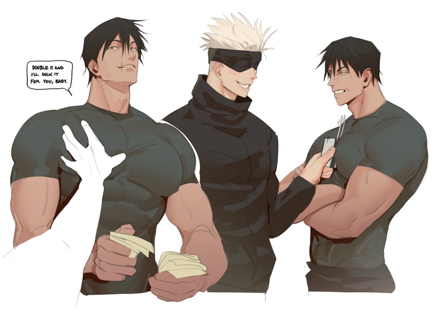 2boys anon big_breasts blindfold blush breast_grab clothed clothed_male credit_card english_text grabbing jujutsu_kaisen kcokaine muscular_male satoru_gojo scar smile toji_fushiguro white_background