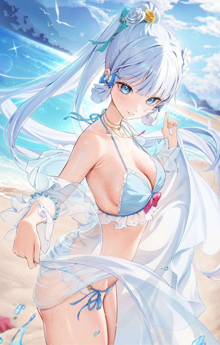 1girls 2d 2d_(artwork) alternate_costume beach bikini blue_bikini blue_eyes blue_hair cleavage clouds day female female_focus female_only flower_in_hair flowers genshin_impact highres houk1se1 hourglass_figure hoyoverse kamisato_ayaka light-skinned_female light_skin long_hair long_ponytail looking_at_viewer medium_breasts mountains ocean ponytail ribbon_in_hair ribbons sand seagulls side_view sky slim_figure smiling smiling_at_viewer solo solo_female standing summer swimsuit thong thong_bikini two_piece_swimsuit water younger_female