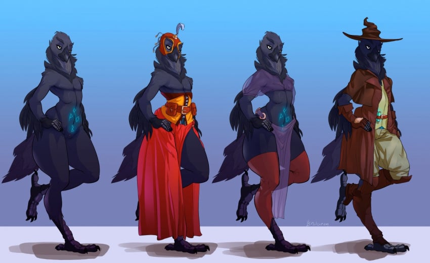 2018 anthro avian beak bird brolaren claws clothed clothing corvid cowl feathers female female_focus female_only hand_on_hip lineup loincloth lucidum nude original original_character pose pussy raven_(bird) robe simple_background toe_claws wizard_hat