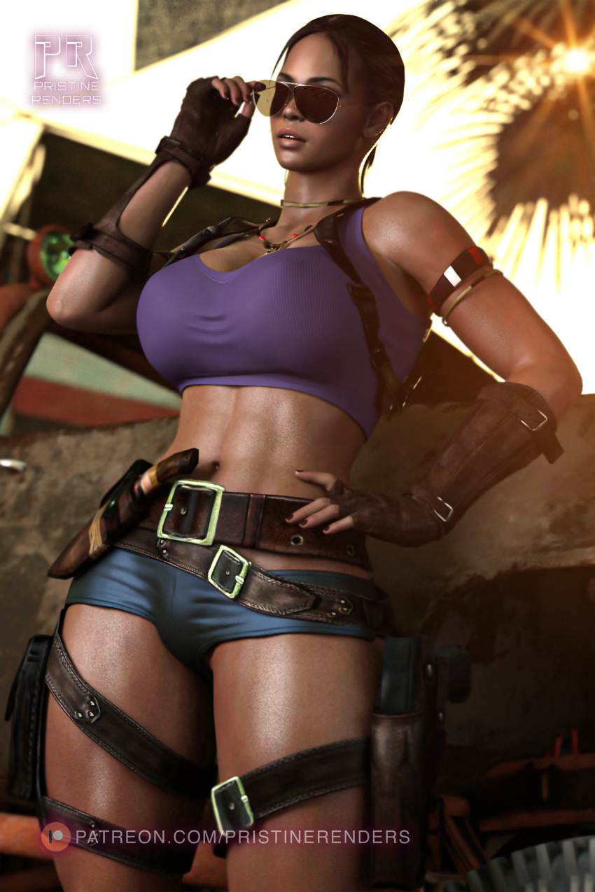 1girls 3d african african_female big_breasts breasts brown_eyes brown_hair capcom cleavage curly_hair dark-skinned_female dark_skin female female_only fully_clothed gray_shorts large_breasts looking_at_viewer navel pristinerenders resident_evil resident_evil_5 sheva_alomar short_shorts shorts smooth_skin solo solo_female sunglasses thick_lips thick_thighs tinted_eyewear